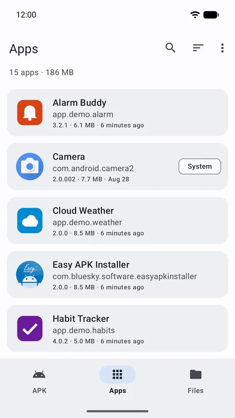 Installed apps with version, size and last update